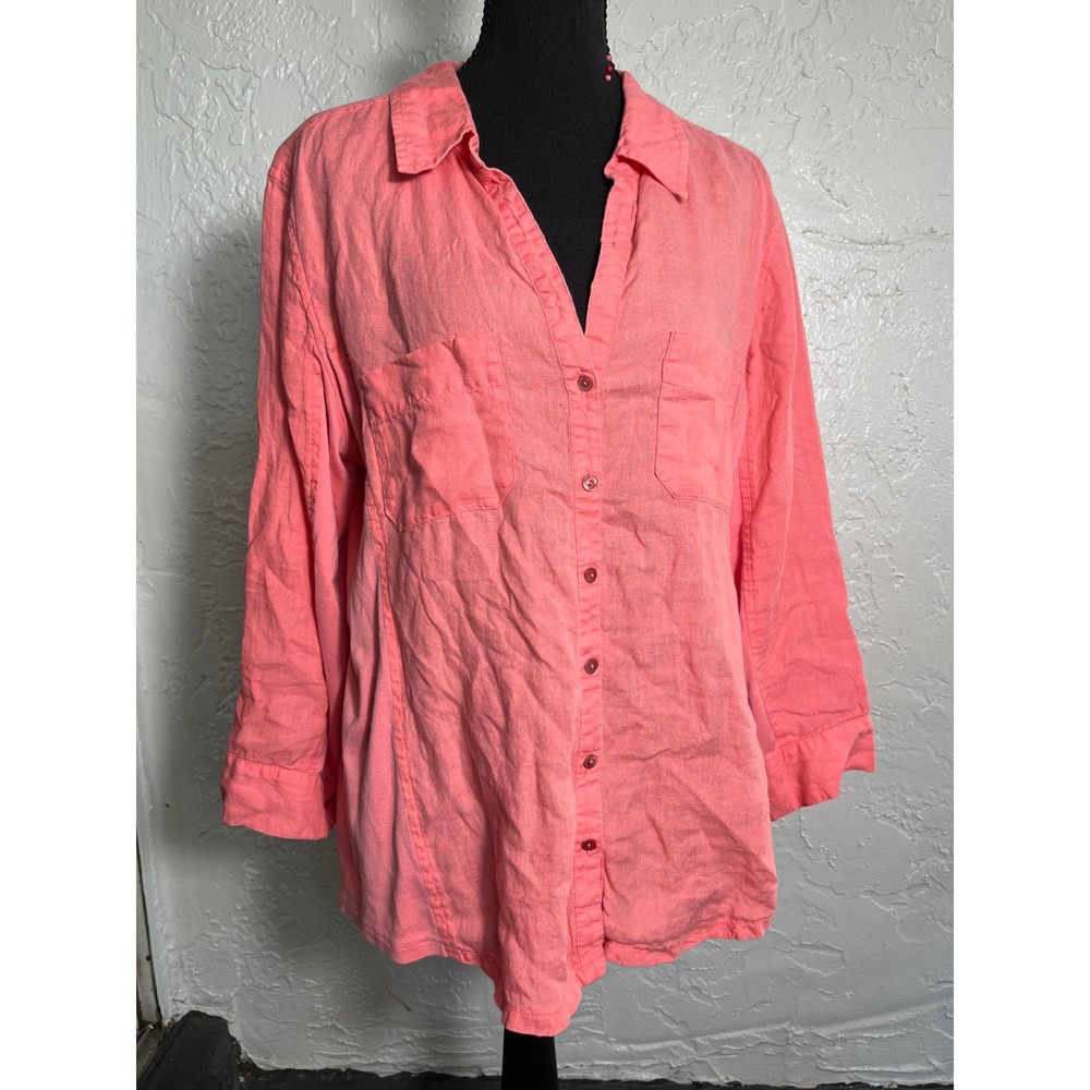 Eileen Fisher Large Coral 100% Irish Linen Button Down Shirt Relaxed Tunic